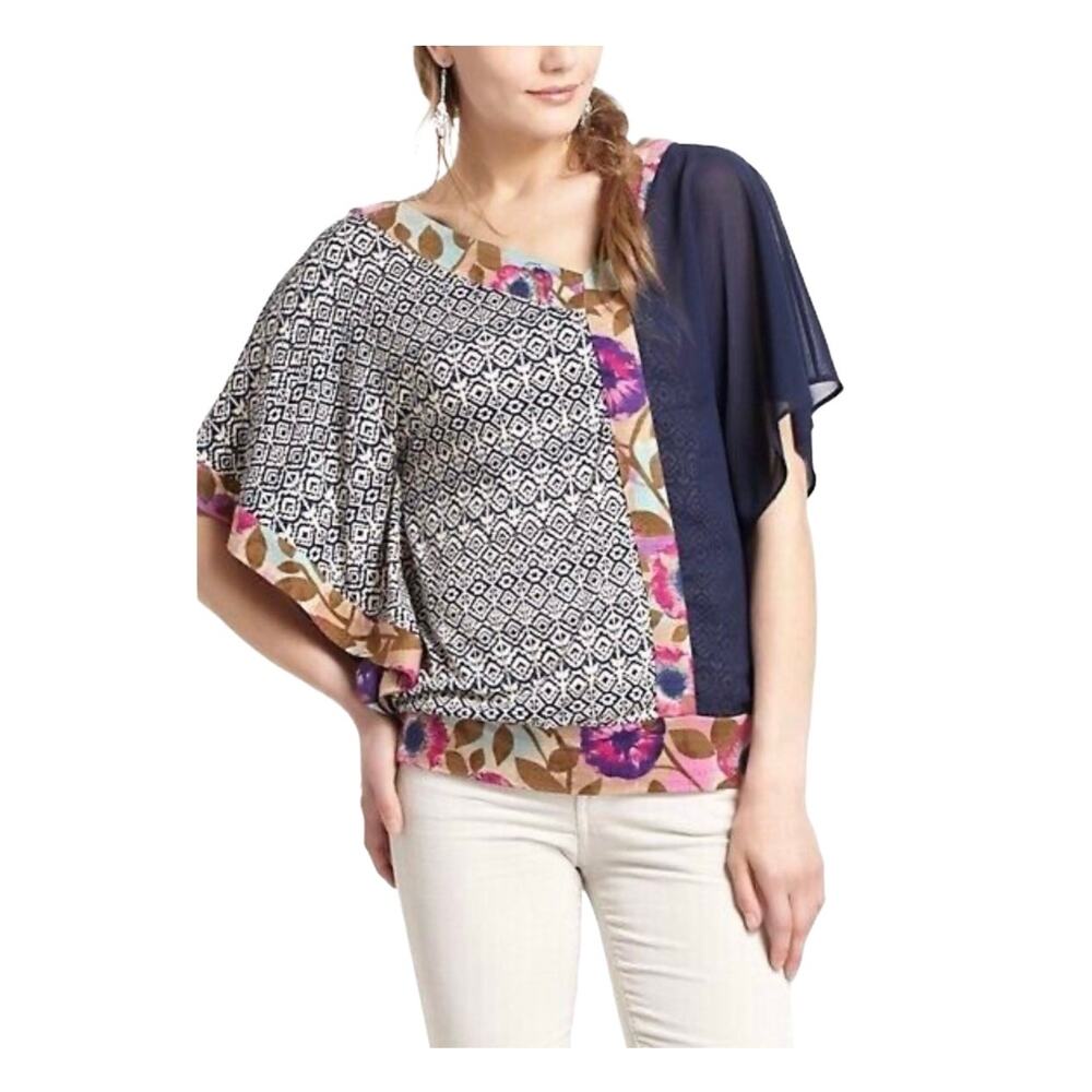 Anthropologie Vanessa Virginia Askew Blouse Top Short Sleeves Multi Print XS